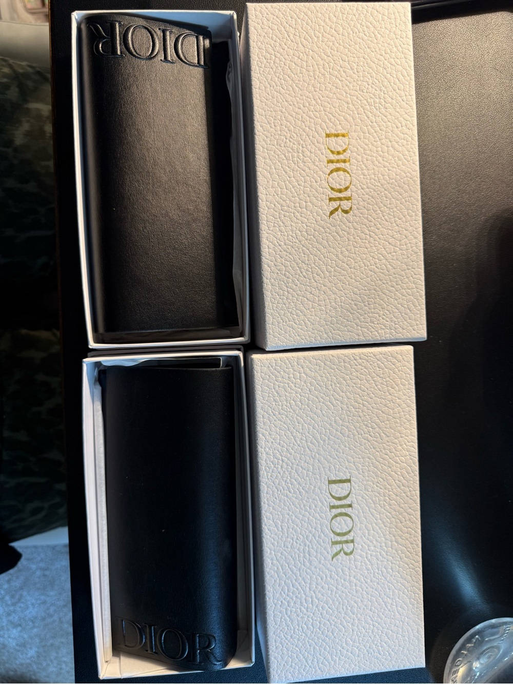 Dior Black Leather Sunglass Cases with White Gold-Logo Boxes